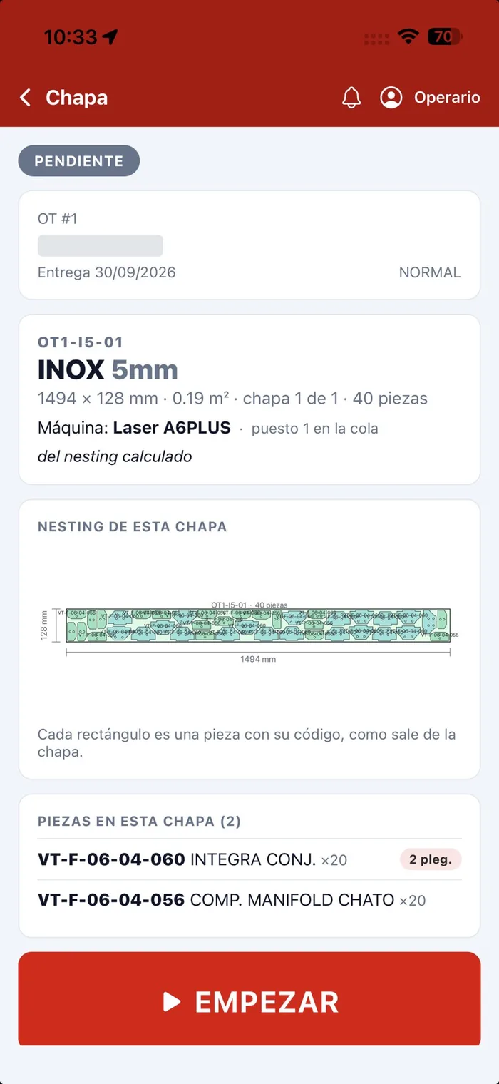 App de operarios, pantalla de chapa