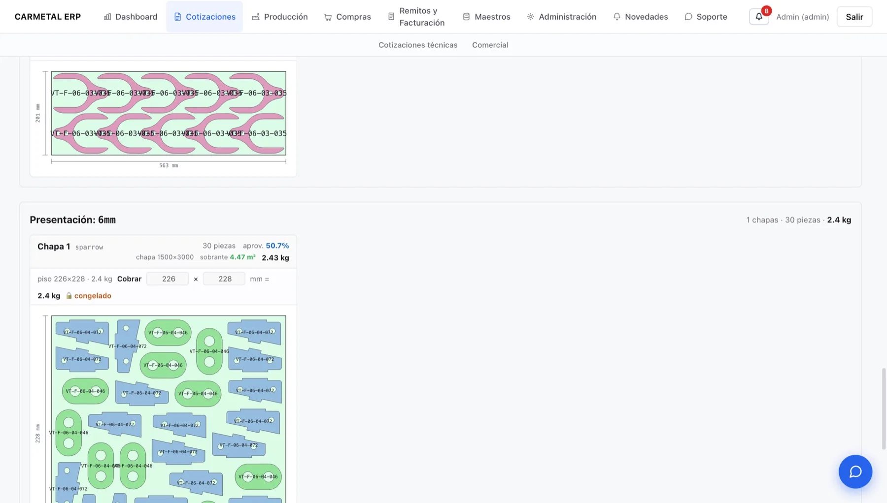 Cotización técnica con nesting por chapa